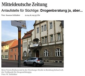 Screenshot Artikel MZ Bernburg zur Sitzung des Sozialausschusses zur Finanzierung der Drogenberatung im Verein Rückenwind e. V.